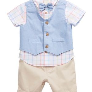 Baby Boy 3 Pc Cotton Vest, Plaid Shirt & Shorts